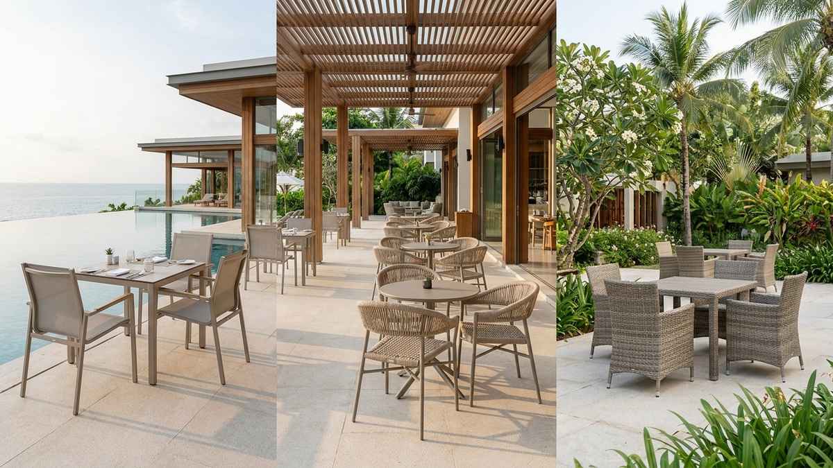 Cushion-free Textilene, outdoor rope and PP rattan chairs in hospitality spaces