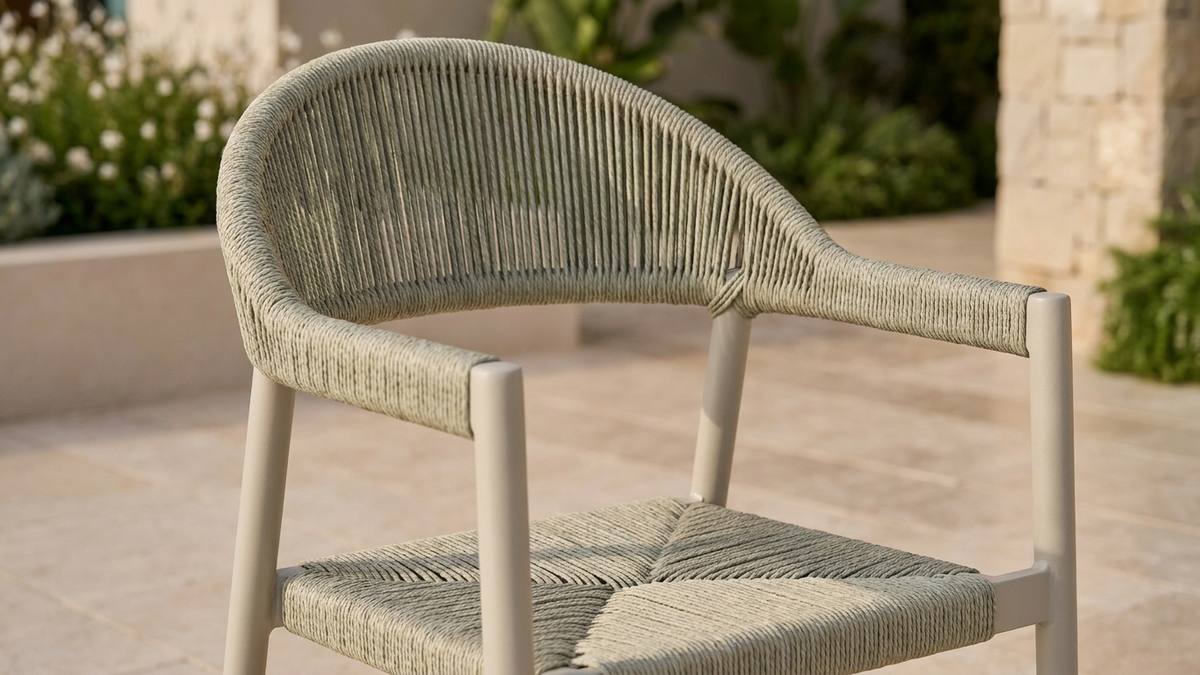 Close-up of a cushion-free outdoor rope chair seat, backrest and armrests