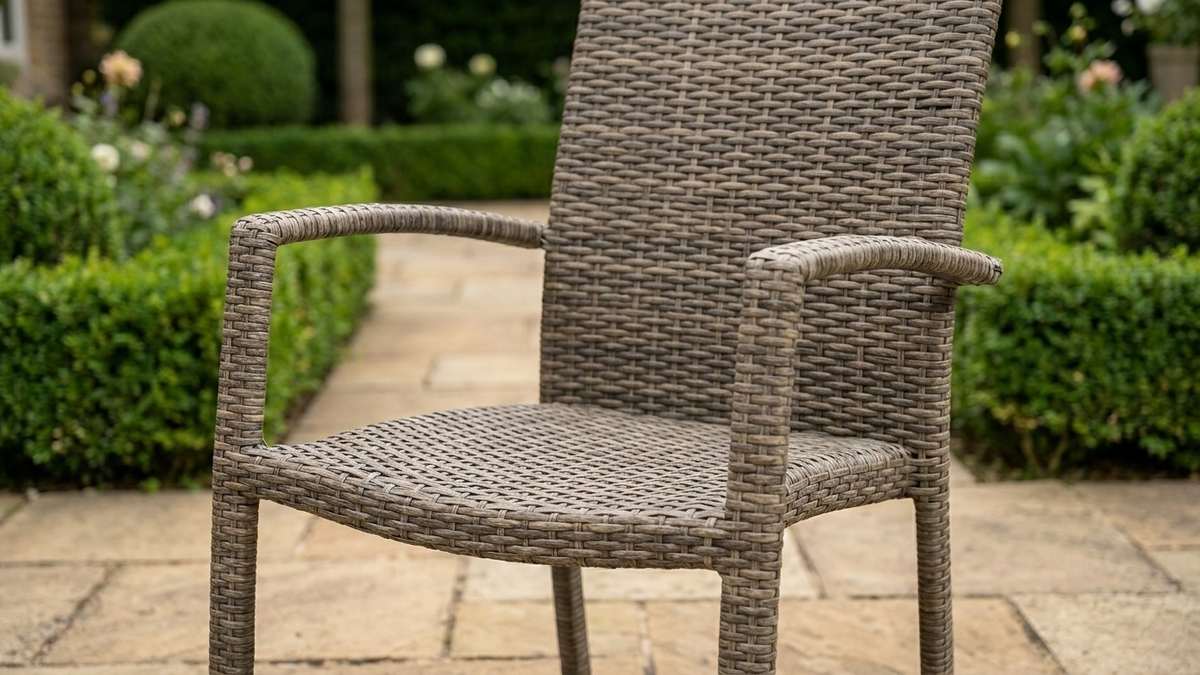 Close-up of a cushion-free PP rattan chair with dense woven support