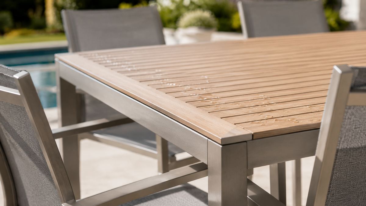 Slatted outdoor tabletop designed for drainage and easy cleaning