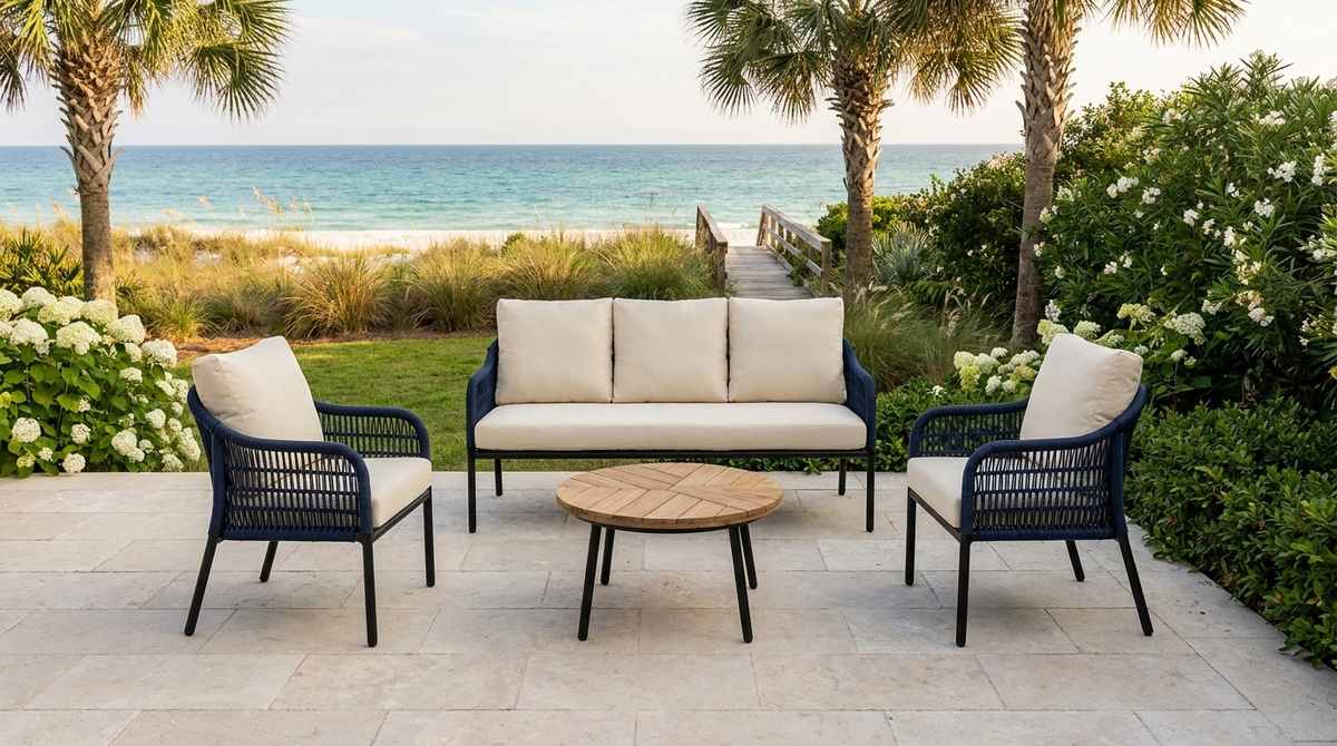 Navy woven outdoor sofa set with rounded armrests in a coastal garden