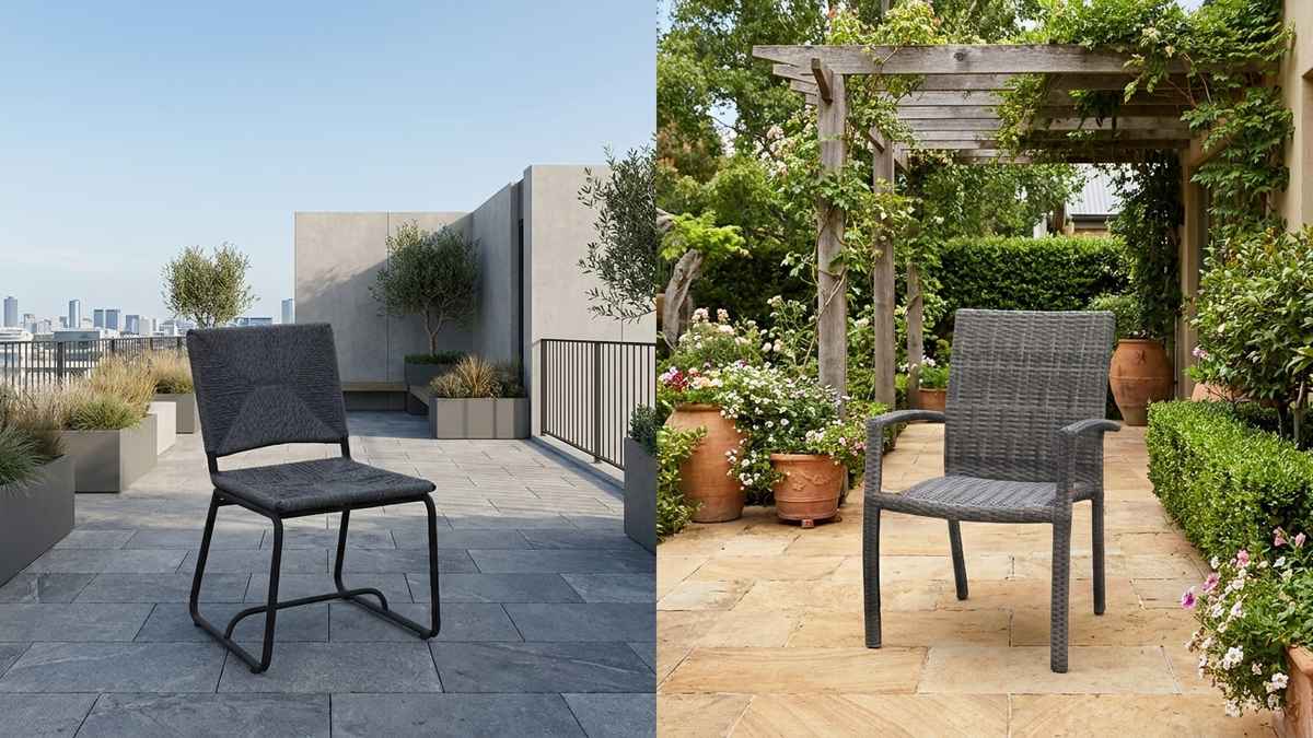 Outdoor rope and PP rattan chairs in modern and natural outdoor settings