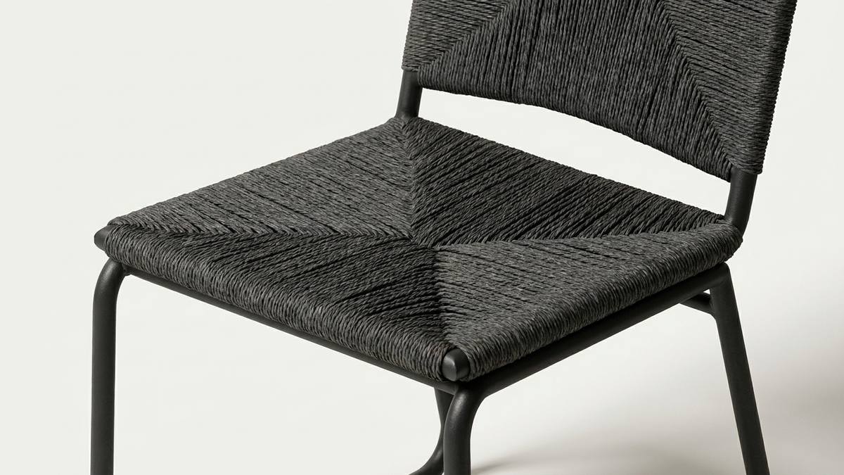 Close-up of geometric outdoor rope weaving on a metal chair frame