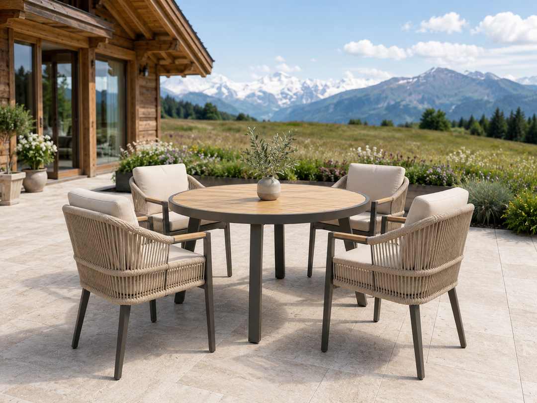 Round Outdoor Dining Tables for Better Social Spaces 1 Four-seat round outdoor dining table on an Alpine villa terrace