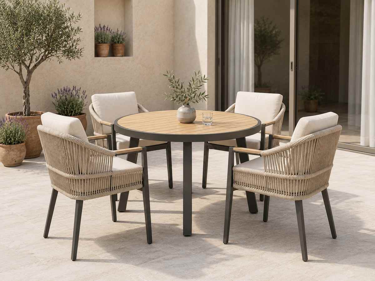 Round Outdoor Dining Tables for Better Social Spaces 2 Compact round outdoor dining table with four chairs on a small villa patio