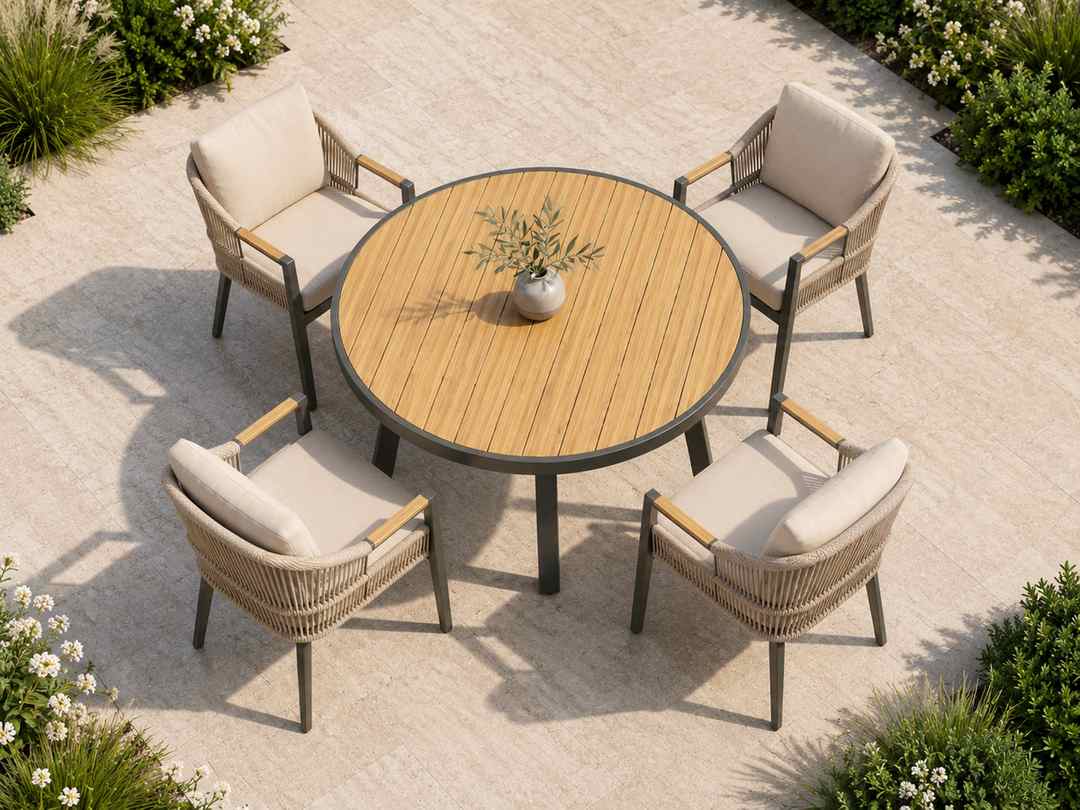 Round Outdoor Dining Tables for Better Social Spaces 3 Top view of four outdoor chairs evenly arranged around a round dining table
