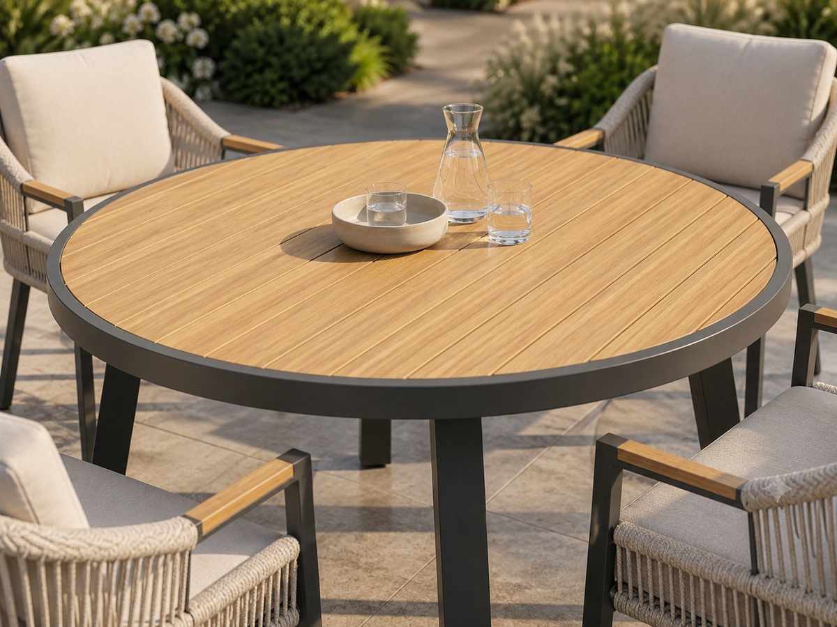 Round Outdoor Dining Tables for Better Social Spaces 4 Close-up of a round slatted outdoor dining tabletop with an aluminum rim