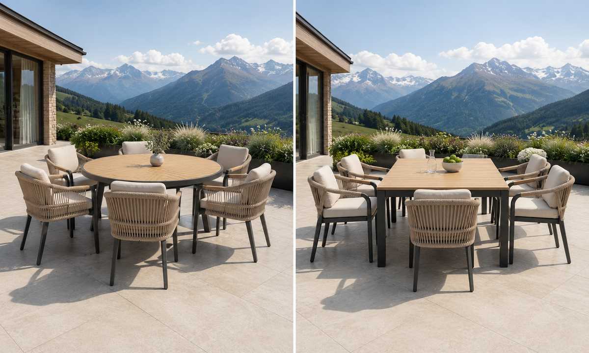 Round Outdoor Dining Tables for Better Social Spaces 5 Round and rectangular outdoor dining table layouts compared on the same terrace