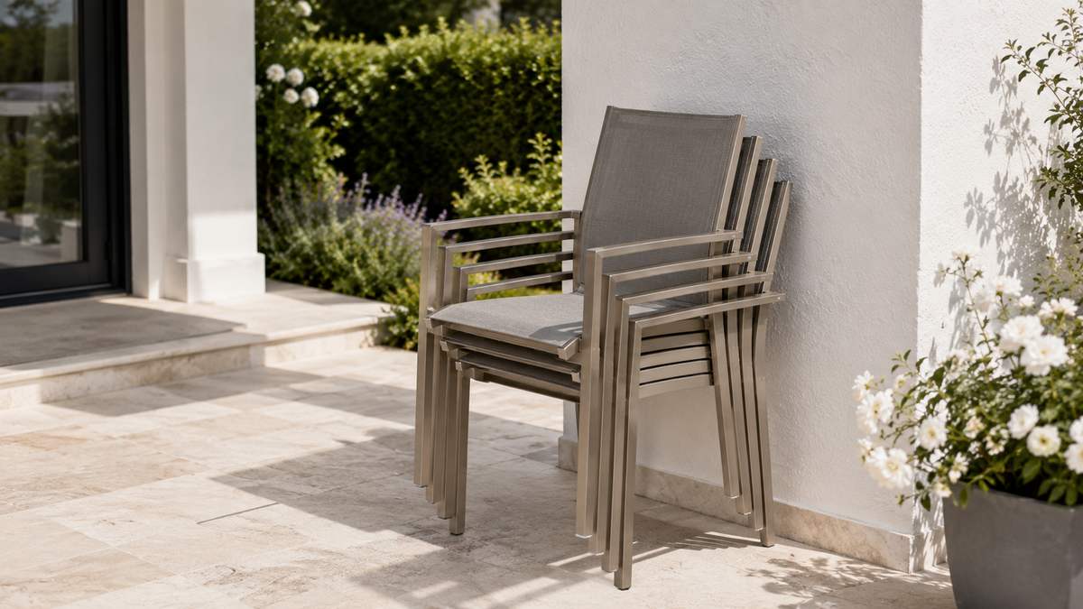 Stackable lightweight Textilene outdoor chairs for easy storage and cleaning