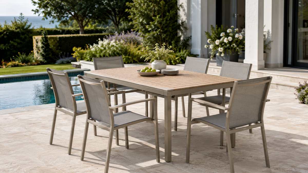 Low-maintenance patio furniture with Textilene chairs and a slatted outdoor table
