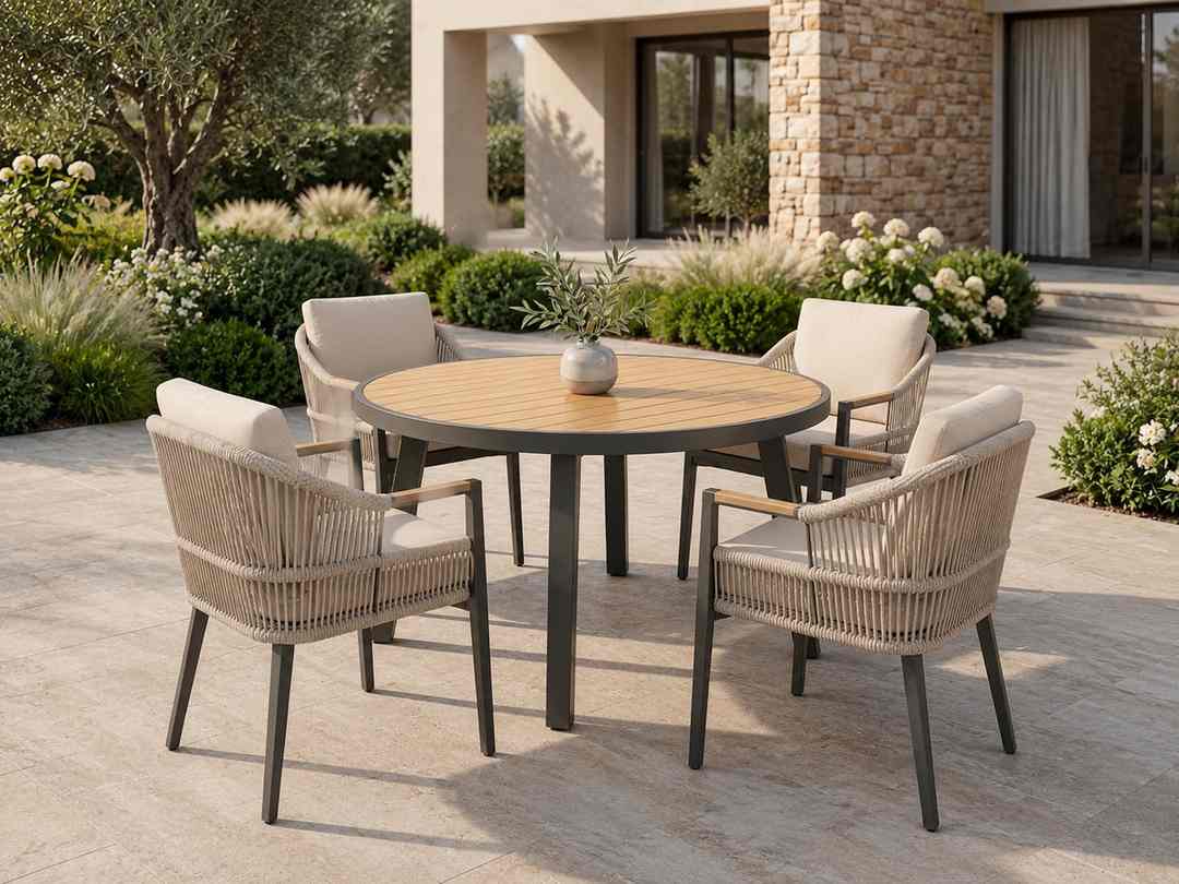 Round outdoor dining table with four rope chairs in a Mediterranean garden
