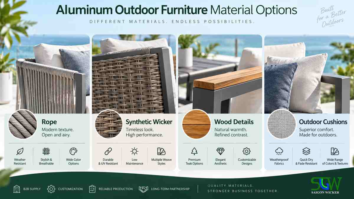 Aluminum Outdoor Furniture: What B2B Buyers Should Know Before Ordering 3 Aluminum outdoor furniture combined with rope wicker wood and outdoor cushions