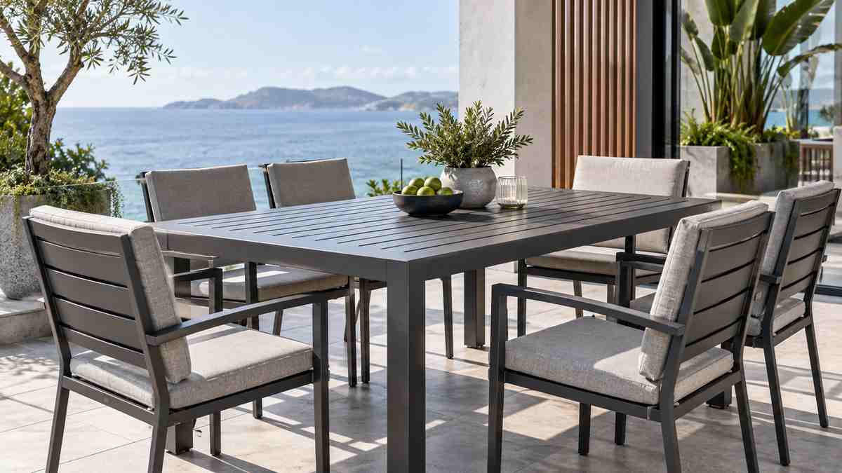 Ceramic, Stone-Look or Aluminum? Outdoor Table Top Materials Trending in 2027 3 Aluminum outdoor table top materials with powder-coated slatted construction