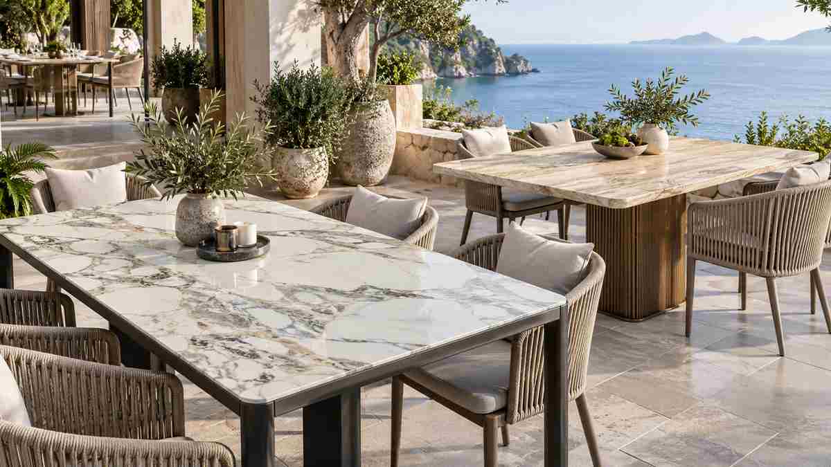 Ceramic, Stone-Look or Aluminum? Outdoor Table Top Materials Trending in 2027 2 Ceramic and stone-look outdoor table top materials for hospitality furniture