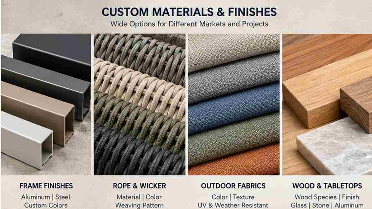 Custom outdoor furniture manufacturer materials finishes rope fabric and wood options