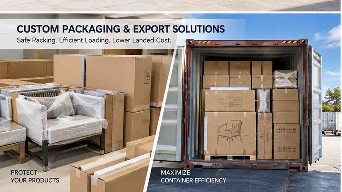 Custom outdoor furniture manufacturer export packaging and container loading