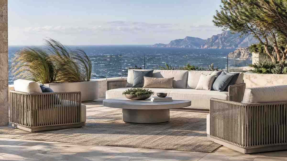 Outdoor Furniture for High-Wind Areas: Weight, Stability and Design Features That Matter 1 Outdoor furniture for windy areas on an exposed resort terrace