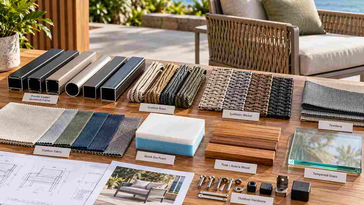 Outdoor furniture material specifications including frame rope fabric and wood