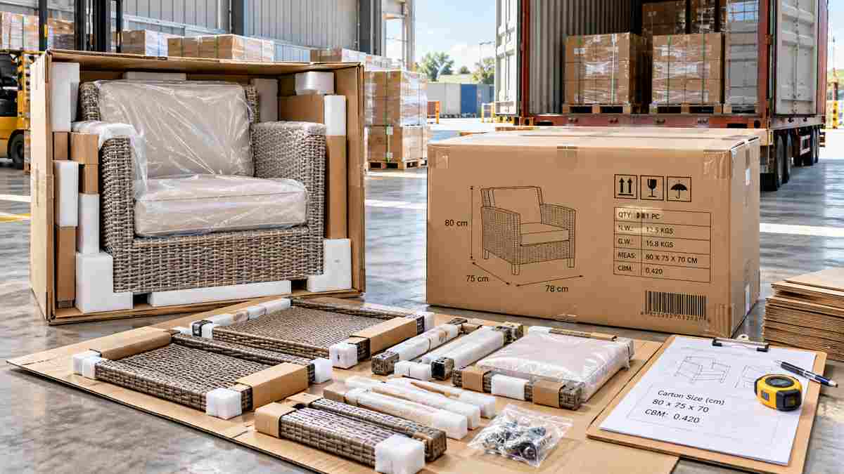 Outdoor furniture packaging specification with carton dimensions and CBM