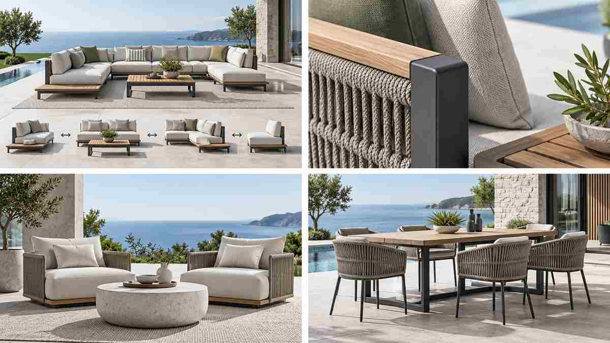 Outdoor furniture trends 2027 modular mixed materials rope wood and cushions