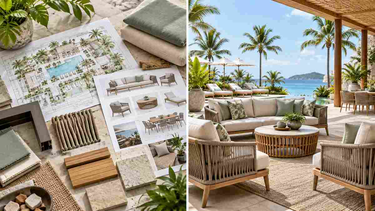 Resort outdoor furniture project planning materials sample and hospitality layout