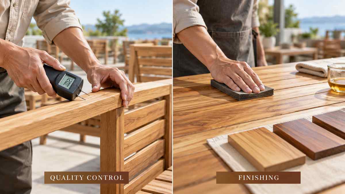 Teak and acacia outdoor furniture wood quality control and finishing
