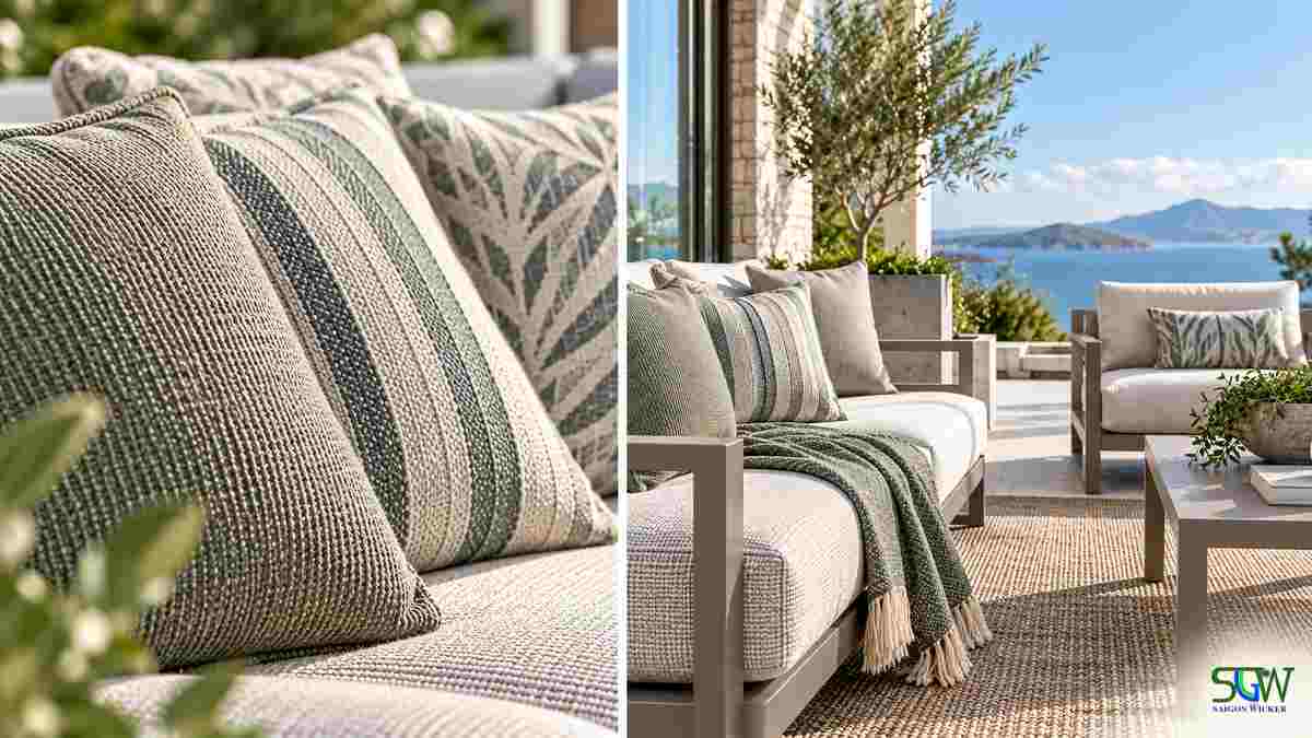 Performance outdoor fabrics with textured weave and striped outdoor upholstery